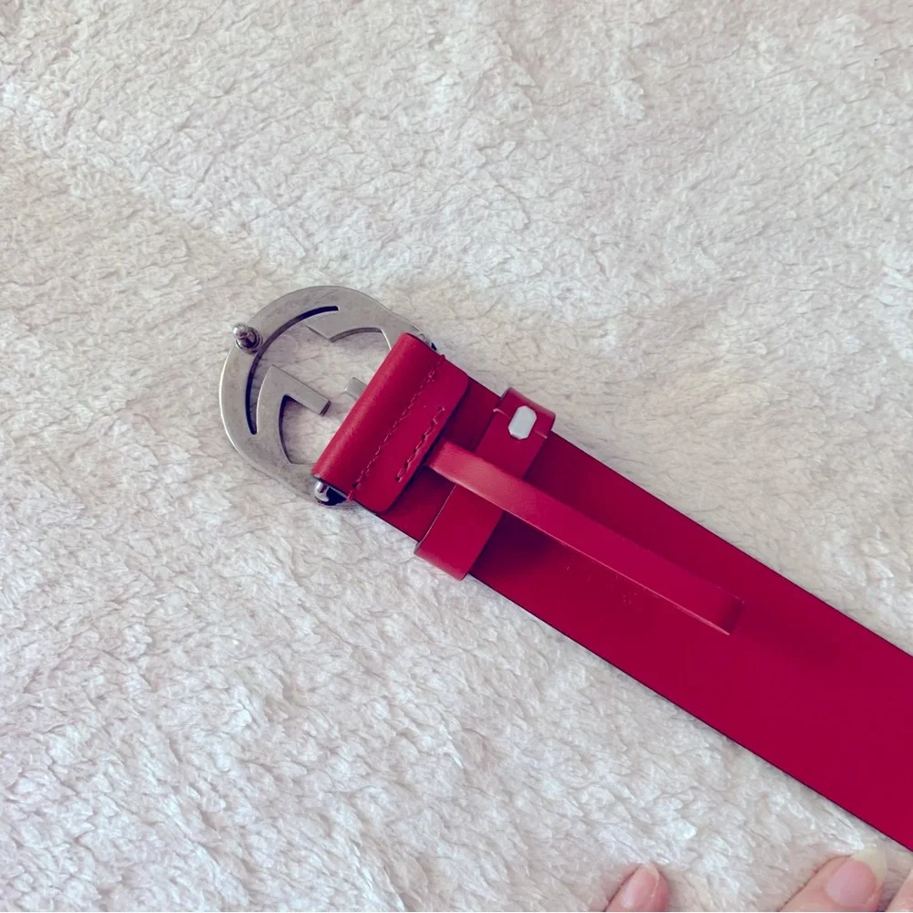 BrandNew Authentic Gucci Antique Silver GG buckle Leather Belt Red 85 - Picture 5 of 6